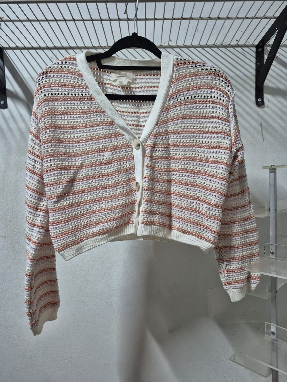 Jessica Simpson White & Coral Striped Cropped Cardigan